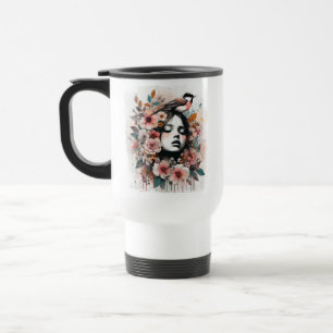 Caneca Térmica Arte Floral Inspiradora com Mulher e Pássaro