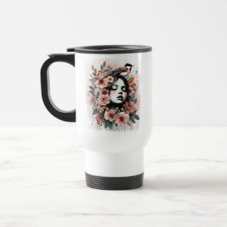 Caneca Térmica Arte Floral Inspiradora com Mulher e Pássaro