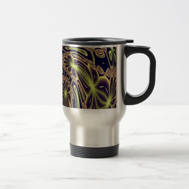 Caneca Térmica Arte Fractal Abstrata Feliz Dança Neon Dourado (Direita)