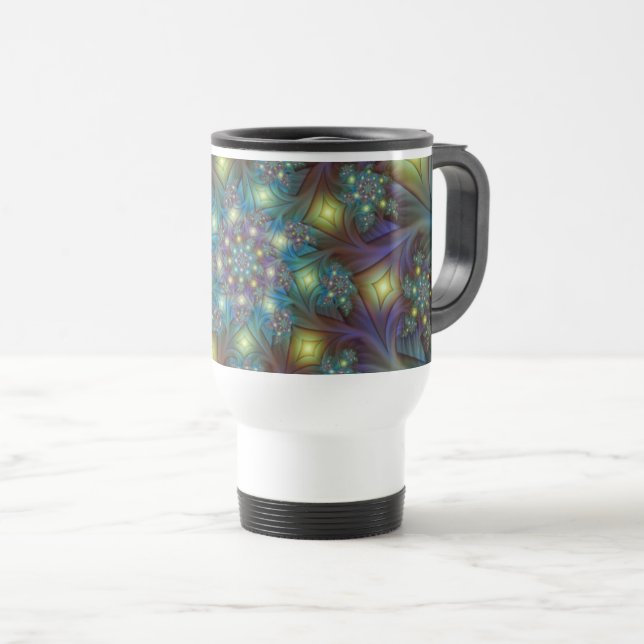 Caneca Térmica Arte Fractal Roxa Roxa Abstrato brilhante iluminad (Frente Esquerda)