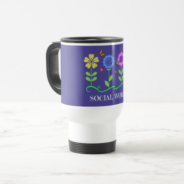 Caneca Térmica "Assistente Social," Gráficos Flores da Primavera (Frente Esquerda)