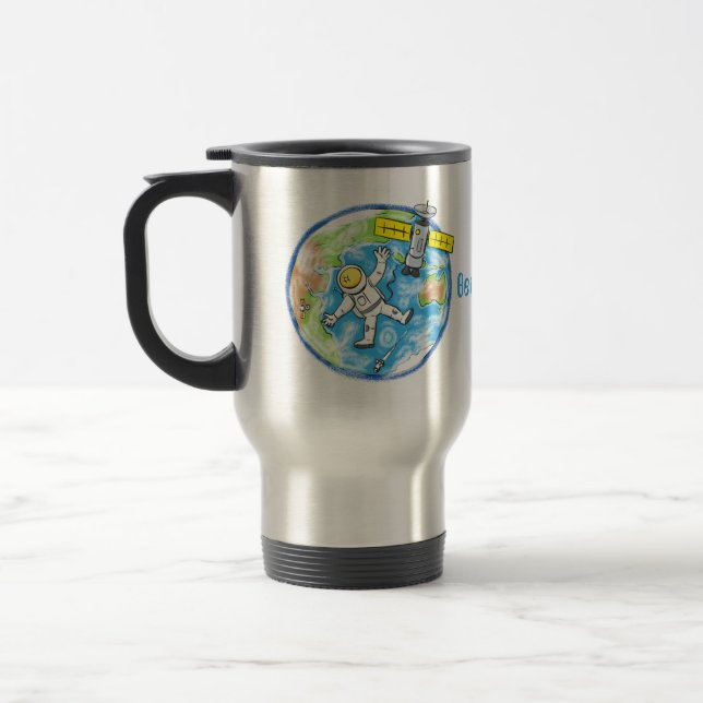 Caneca Térmica Astronauta engraçado no espaço e na banda desenhad (Esquerda)