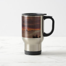 Caneca Térmica Avião Comercial Aterrissando Ao Pôr do Sol