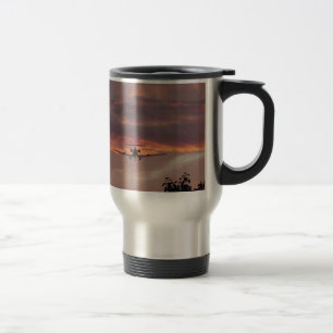 Caneca Térmica Avião Comercial Aterrissando Ao Pôr do Sol