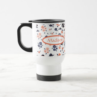Caneca Térmica Azul Marinho Floral Nome Personalizado Moderno