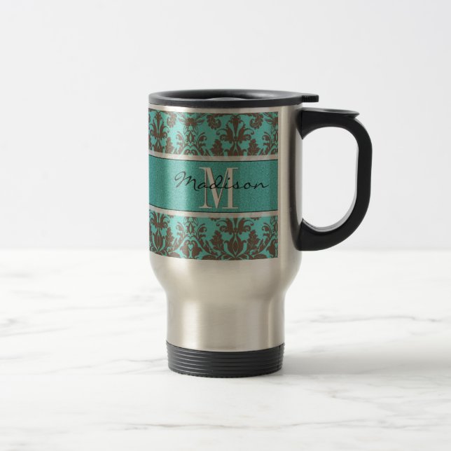 Caneca Térmica Azul Turquesa Teal e Damasco Castanho, Personaliza (Direita)