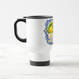 Caneca Térmica Azulejo Mediterrâneo de Limão – Arte em Aquarela c