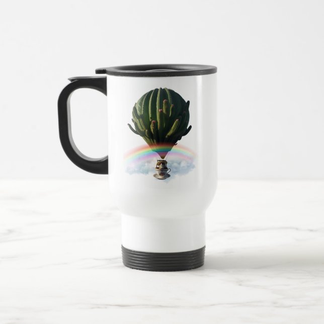 Caneca Térmica Balão de Ar Quente de Gato Surreal com Cactus e Ra (Esquerda)