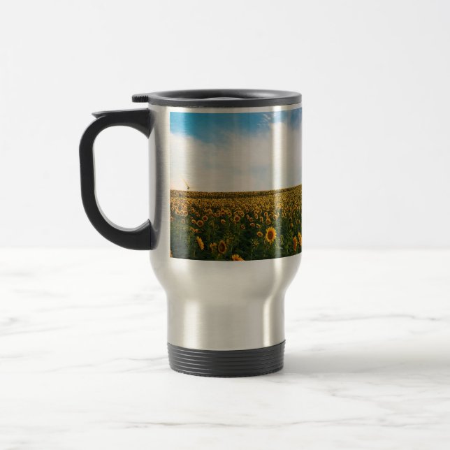 Caneca Térmica belas flores do sol campo com céu azul nublado a (Esquerda)