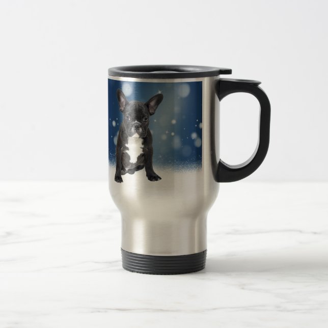 Caneca Térmica Belo Buldogue Francês Estrelas de Neve Azul Natal (Direita)