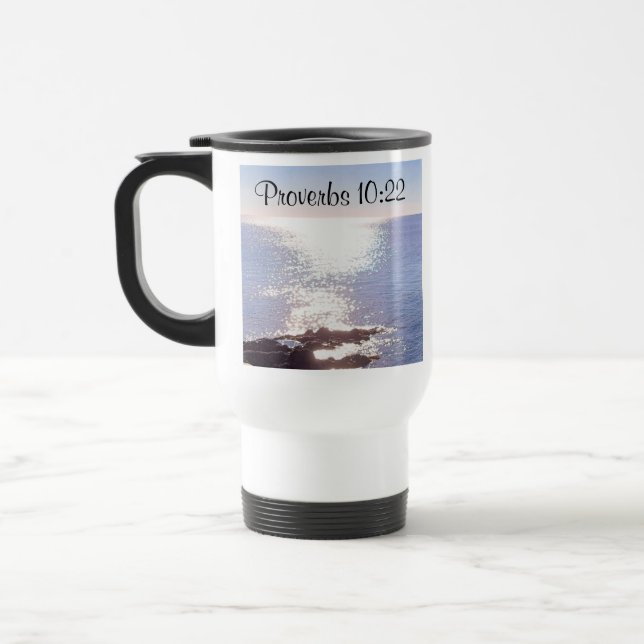Caneca Térmica Bíblia Verso das Bênçãos do Oceano Azul Espumante (Esquerda)