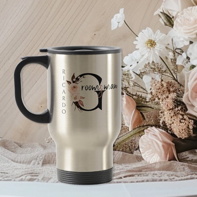 Caneca Térmica Boho Floral - Padrinho de casamento (Personalized Groomsman travel mug with boho floral letters)