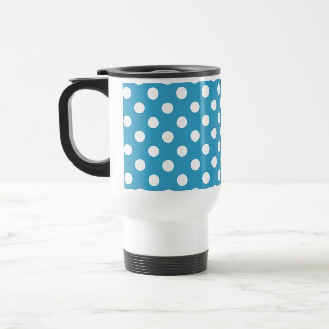 Caneca Térmica Bolinhas brancas no fundo azul de peacock (Esquerda)