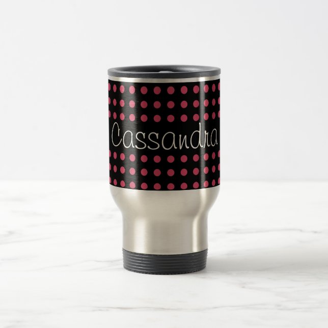 Caneca Térmica Bolinhas rosa personalizadas em fundo preto (Centro)