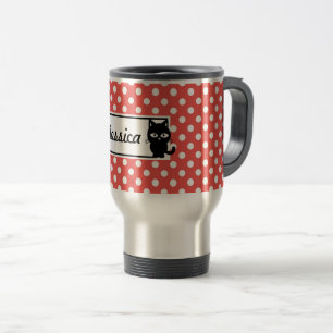 Caneca Térmica Bolinhas vermelhas e gato preto personalizados