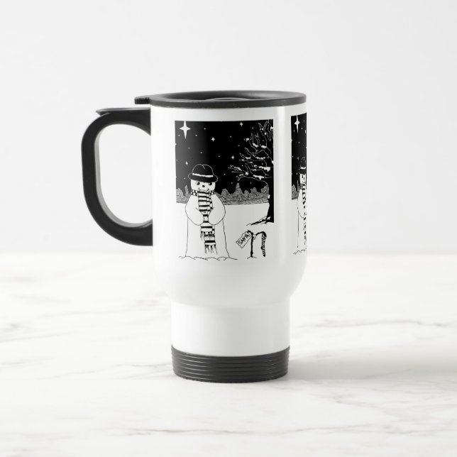 Caneca Térmica boneco de neve preto e branco vestido de natal (Esquerda)
