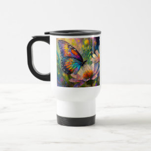 Caneca Térmica Borboleta colorida e flores silvestres no nascer d