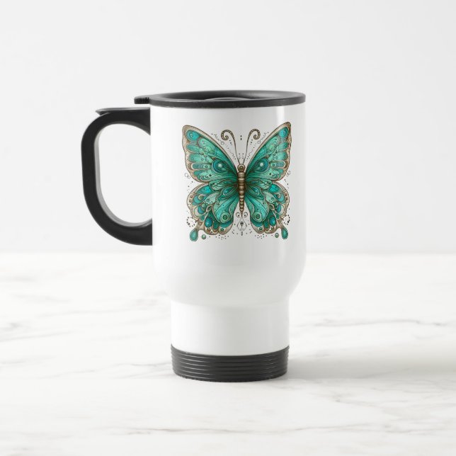Caneca Térmica Borboleta Elegante Turquesa (Esquerda)