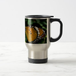 Caneca Térmica Borboleta laranja, preta e branca na folha