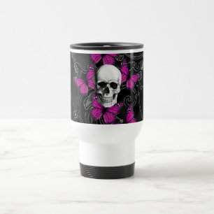 Caneca Térmica Borboletas do crânio da fantasia e do rosa quente