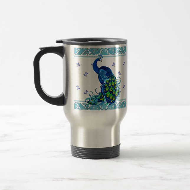 Caneca Térmica Borda de espiral azul e Design de Peacock (Esquerda)