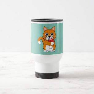 Caneca Térmica Branca De Gato Branco, Comendo Maçã Vermelha