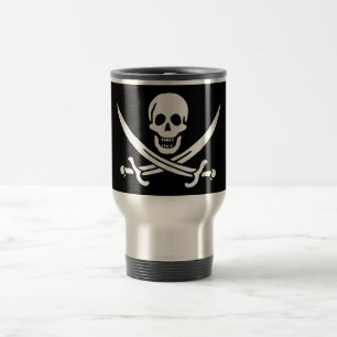 Caneca Térmica Branco, Bandeira Pirata, Calico Jack, Caveira e Cu