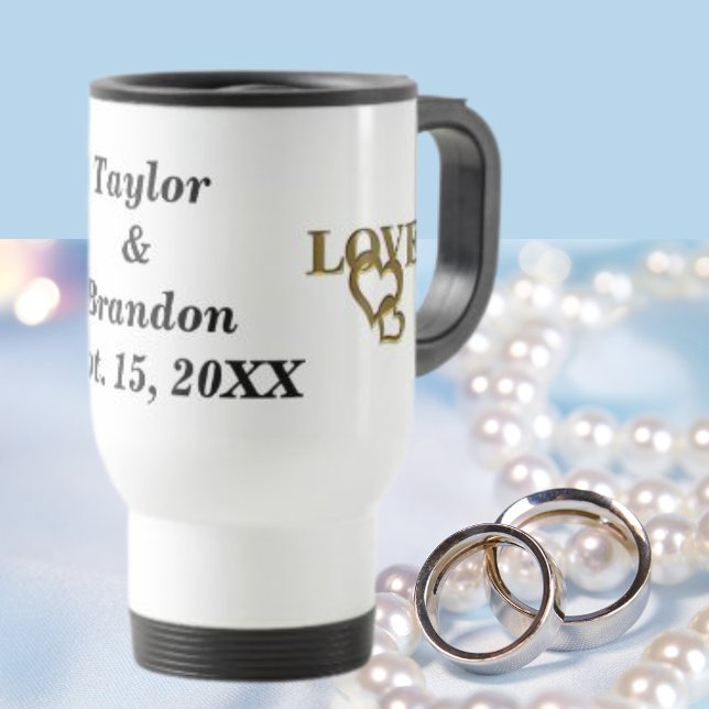 Caneca Térmica Bride & Groom Custom Name & Date Gold Love Hearts (Bride & Groom Custom Name & Date Gold Love Hearts Travel Mug)
