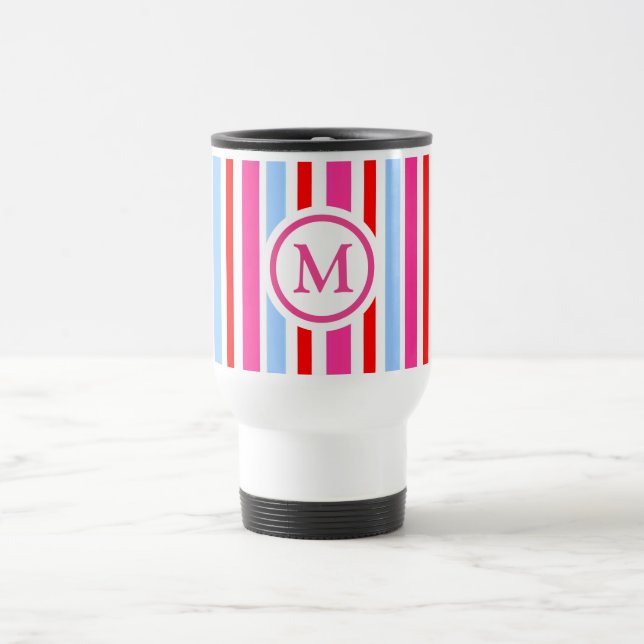 Caneca Térmica Bright Red and Blue Candy Stripes Monogram (Centro)