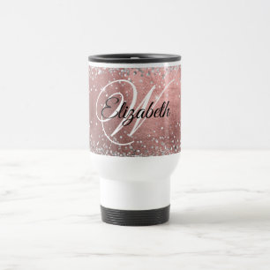 Caneca Térmica Brilho Prateado Rosa Glitter Monograma em Folha