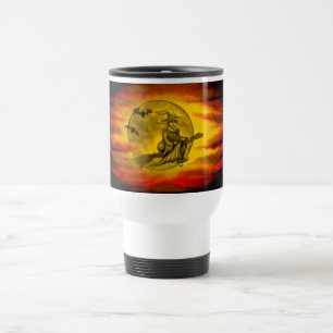 Caneca Térmica bruxa voadora com gato preto, noite de halloween