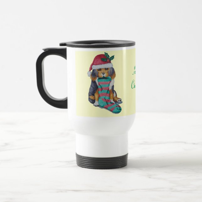 Caneca Térmica cachorrinho preto e marrom bonitinho vestido de na (Esquerda)