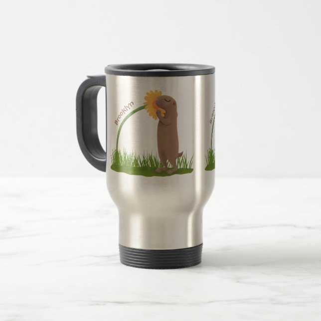 Caneca Térmica Cachorro da pradaria fofo cheirando desenho de flo (Frente Esquerda)