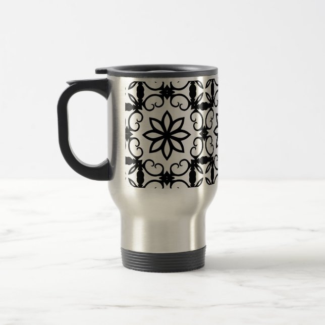 Caneca Térmica Caleidoscópio de flores ricos, pretas e brancas (Esquerda)