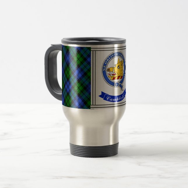 Caneca Térmica Campbell Clan Crachá & Tartan Personalizado (Frente Esquerda)