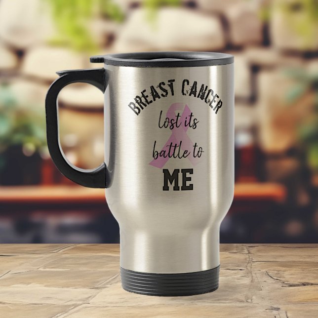 Caneca Térmica Cancer da mama perdeu a batalha para mim | Sobrevi (Breast Cancer Lost its Battle to Me Travel Mug)