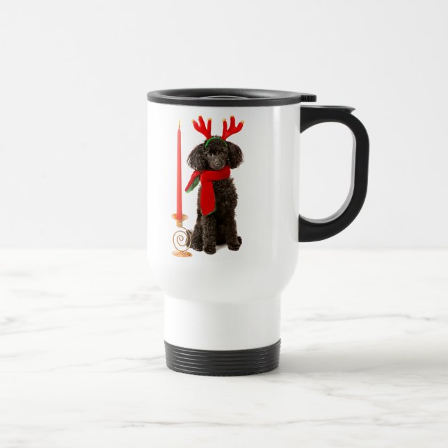 Caneca Térmica Cão de caniche preto do brinquedo do Natal vestido (Direita)
