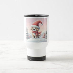 Caneca Térmica Cãozinho de Natal bonito com chapéu de Santa