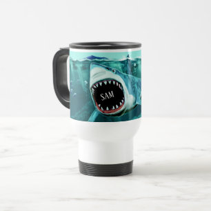 Caneca Térmica Capas de nome personalizado do Shark assustador