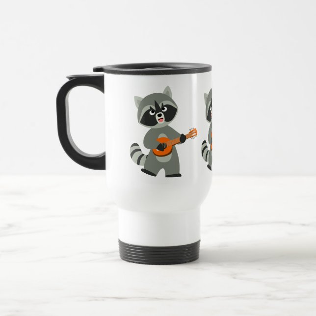 Caneca Térmica Caricatura Bonita Raccoon Tocando Viagem ao trabal (Esquerda)