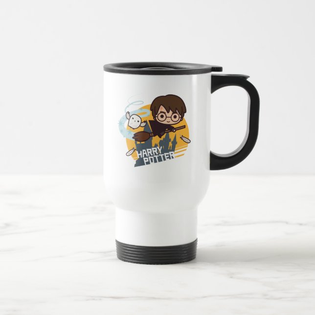 Caneca Térmica Caricatura Harry e Hedwig voando no passado Hogwar (Direita)
