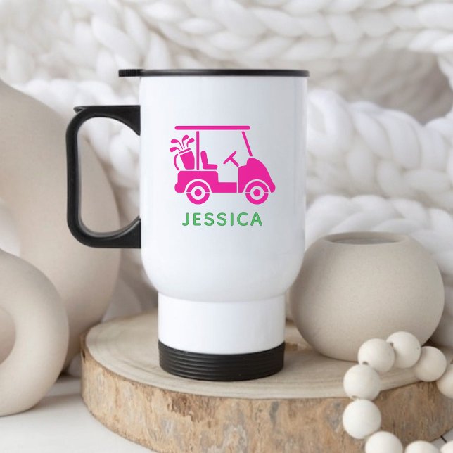 Caneca Térmica Carrinho de Golfe Personalizado, Cor-de-Rosa, Boni (Cute Pink Personalized Golf Cart Travel Mug)