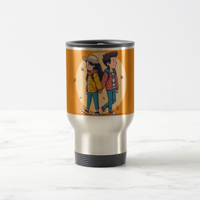 Caneca Térmica Casal com as mãos caminhando juntas no outono (Centro)