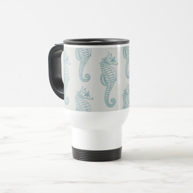 Caneca Térmica Cavalos de mar tropicais, Padrão marinho - Cinzas  (Frente Esquerda)