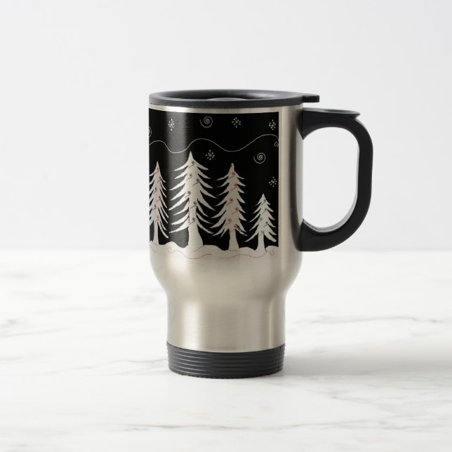 Caneca Térmica Cena de Árvore de Natal em Preto e Branco (Direita)
