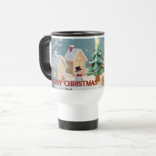Caneca Térmica Cena Festiva de Árvore de Natal e Bonecos de Neve