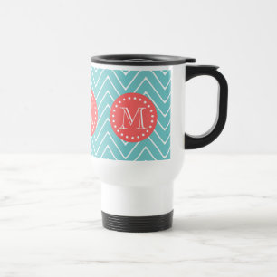 Caneca Térmica Cerceta e Chevron coral com monograma feito sob