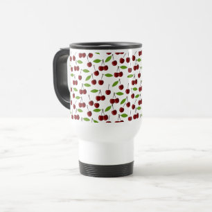 Caneca Térmica Cereja Vermelha, Padrão De Cerejas, Folhas, Fruta