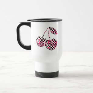 Caneca Térmica Cerejas Grandes Xadrez e Corações Rosa Padrão