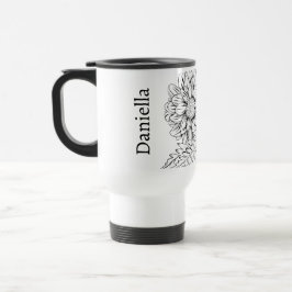 Caneca Térmica Chrysanthemum Black Line Drawing with Your Name 